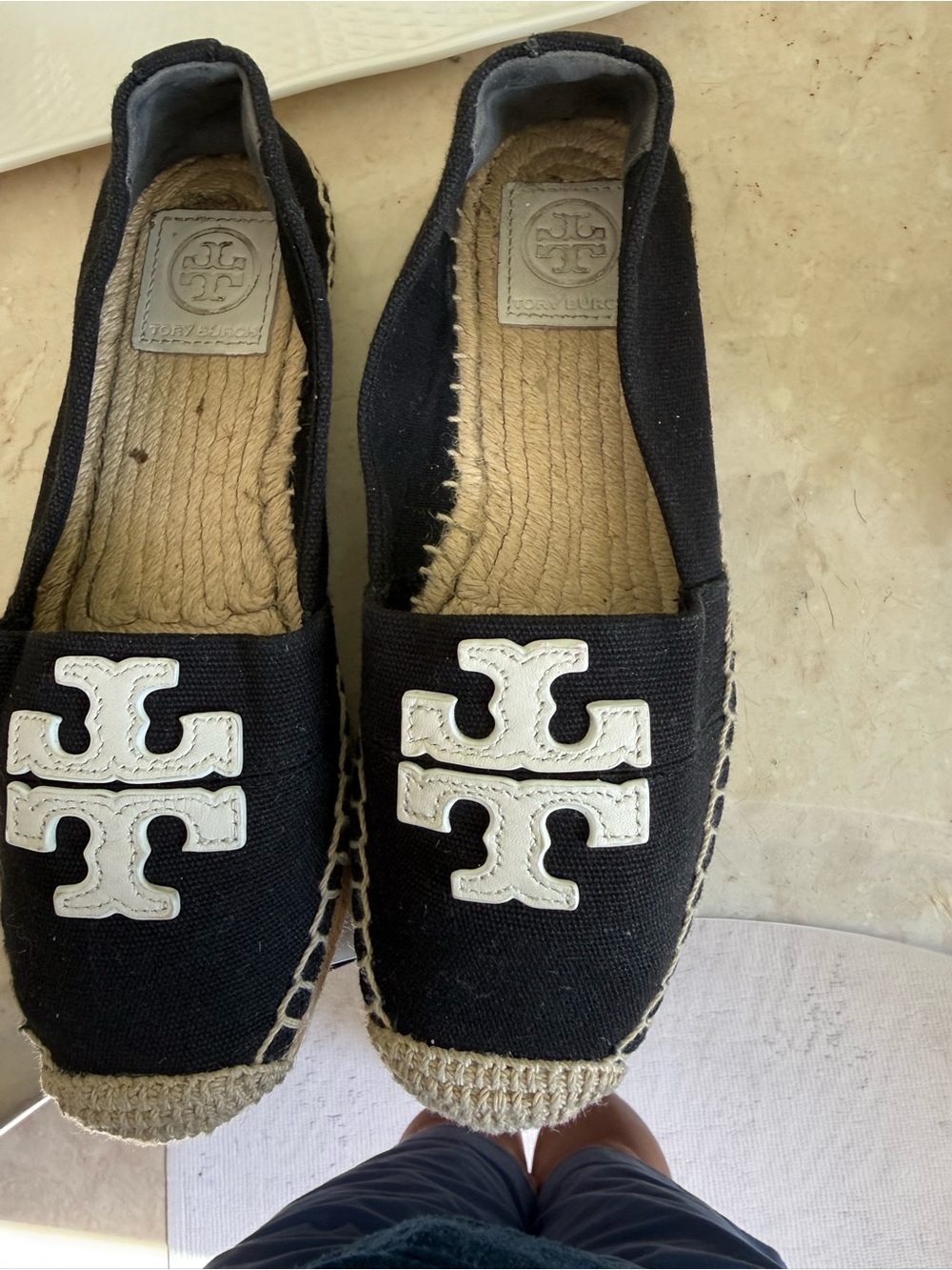 Tory Burch Black Canvas Espadrille Flats with White Logo Appliqués